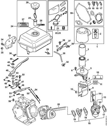Limpiadora de alta presión a gasolina (RB) RB 800 Depósito de combustible, Carburador, Mecanismo del acelerador, Carcasa del filtro, Filtro de aire de la marca Stihl